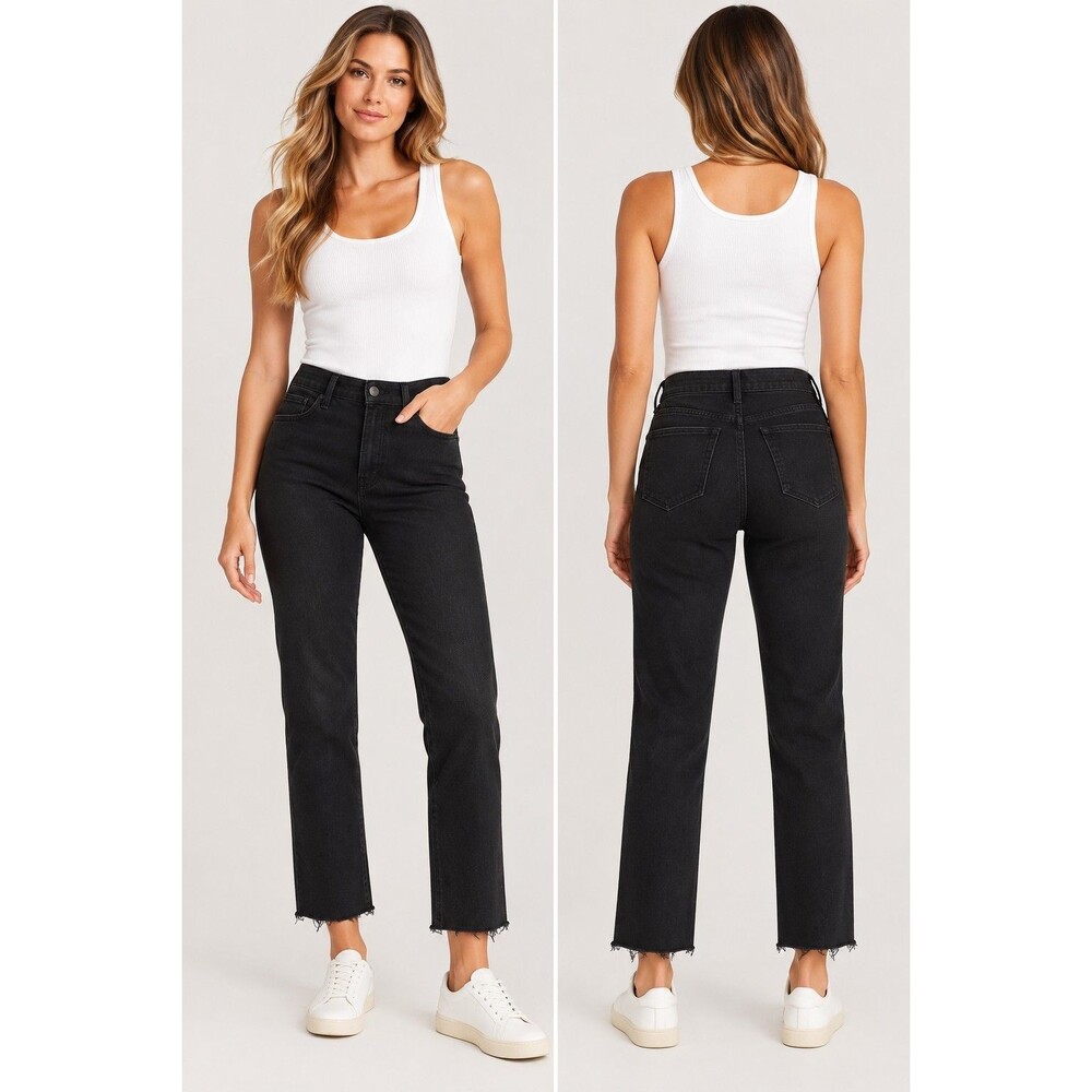 NWT Good American Good Legs Straight Jeans 8/29 Black Raw Hem Stretch Denim
